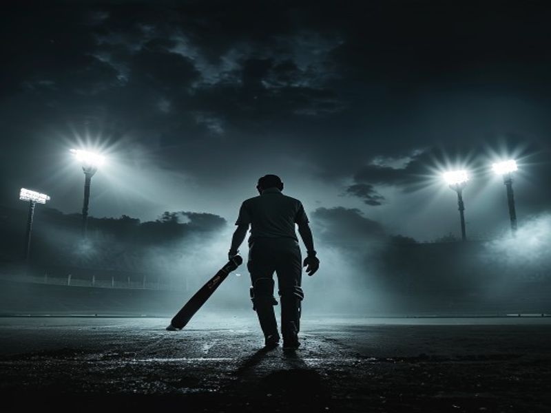 A disappointed batsman walking off the cricket pitch under bright stadium floodlights, symbolizing a batting collapse.
