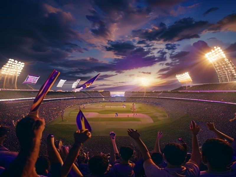 Passionate KKR fans cheering and waving purple and gold flags in a packed Eden Gardens stadium.