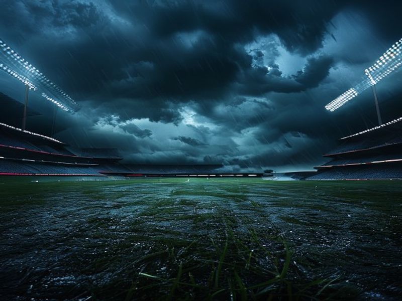 Cricket Canada President Targeted in Shooting Amid Corruption Allegations 2 A dramatic, stormy sky looming over an empty cricket stadium, symbolizing the crisis in Canadian cricket.